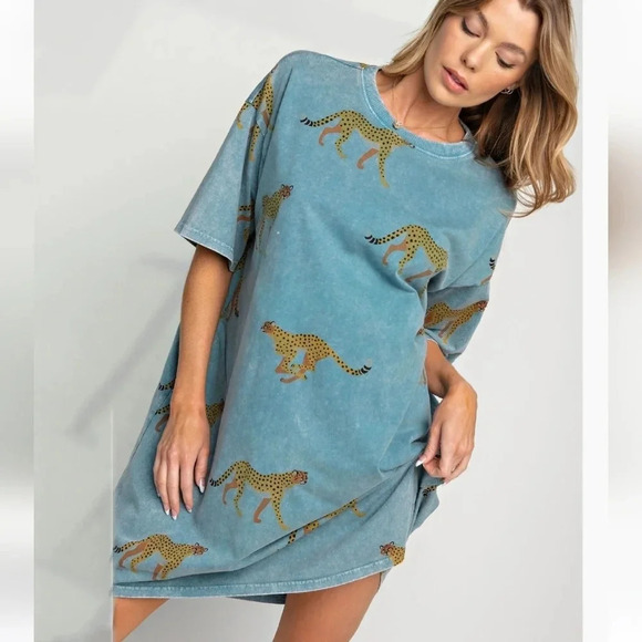 Easel Cheetah Print Mineral Washed T-Shirt Dress New - Picture 5 of 5